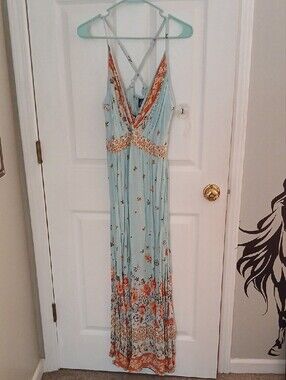 Angie Pale Blue Maxi Dress with Rust Floral Accents